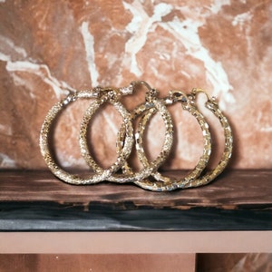 14K Gold Plated 1-7/8” Scaled 3D design send Square hammered Hoop Earrings