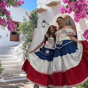 Trajes Típicos de Puerto Rico Falda con Azul, Blanco y Rojo- Traditional Bomba & Plena Dresses Woman and Girls Skirt with Red White and Blue