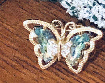 Anillo ajustable de mariposa bañado en oro de 14 k - Tornasol verde claro amarillo