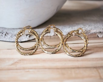 14K Gold Plated 1-1/2” Twisted 3D & Scaled Hoop Earrings