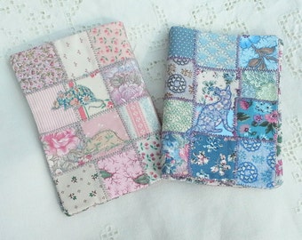 Pretty handmade patchwork needlebook with applique cat and mouse made from vintage Liberty print swatches