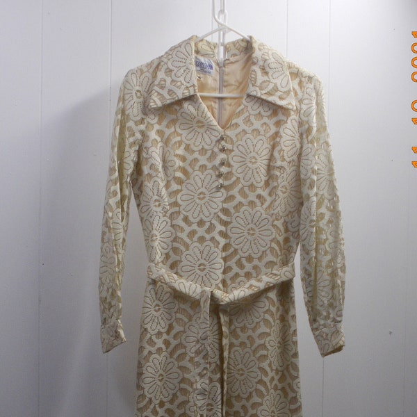 60's Elegant "Samuel Grossman Dress/Maxi with Pristine Lace Overlay over Ivory Layer, Long Sleeve, & Decorative Rhinestone Buttons..Size  10