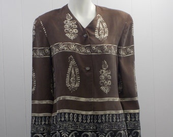 Darling 80's Lightweight Anne Klein Collection Black & Brown Silk Blazer/Tribal Pattern Design w/Horizontal Stripes...Made In U.S.A..Size 8