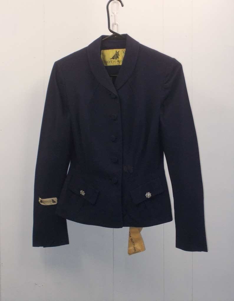 40/'s Elegant Navy Blue Rothmoor Suit JacketTailored wRhinestone Buttons Faux Pockets Padded Shoulders /& Fabric Buttons....Deadstock