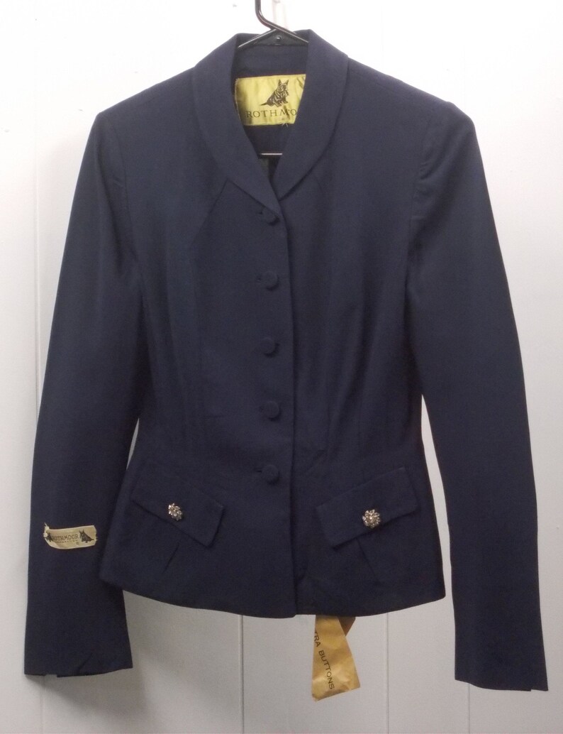 40/'s Elegant Navy Blue Rothmoor Suit JacketTailored wRhinestone Buttons Faux Pockets Padded Shoulders /& Fabric Buttons....Deadstock