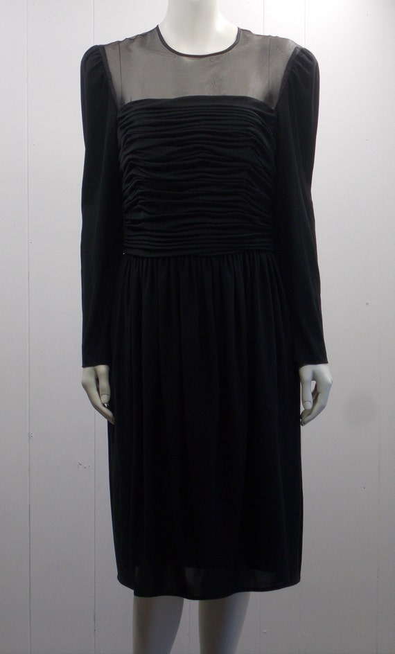 80's Leslie Fay Black Long Sleeve Party Dress/Fea… - image 2