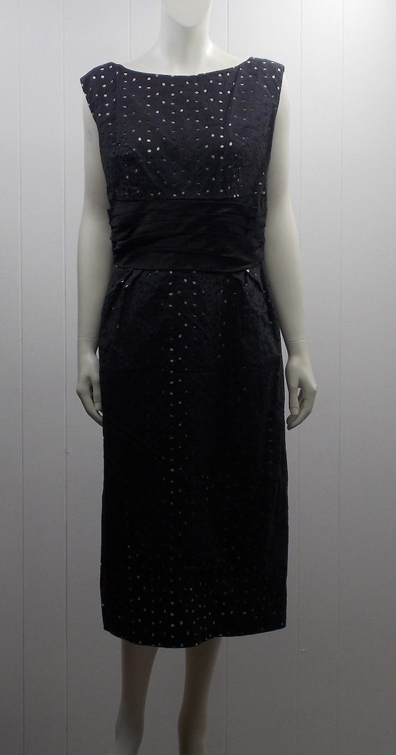 60s' Elegant Black Eyelet Cocktail Dress over Whit