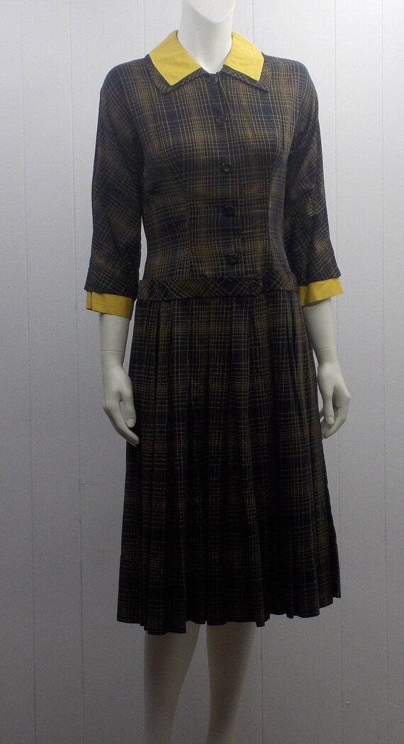Darling 60's Secretary Gold & Black Plaid Dress w/