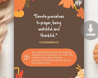 Christelijke bijbelverskaarten herfst, christelijke activiteit voor kinderen, herfstbijbelles, digitale download, Thanksgiving-tekstkaarten voor kinderen
