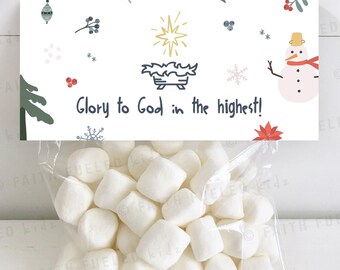 Glorie aan God, kersttraktatietastoppers, tags voor kerstbedankjes, tags voor kersttraktatie, tags voor kerstsmores, tastoppers voor traktatiezakjes