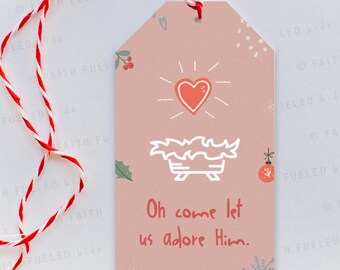 Kom, laten we hem aanbidden, kerstcadeaukaartjes Feestje gunst vakantiecadeaukaartjes, kerstlabel Vrolijk kerstfeestje gunsttags voor geschenken