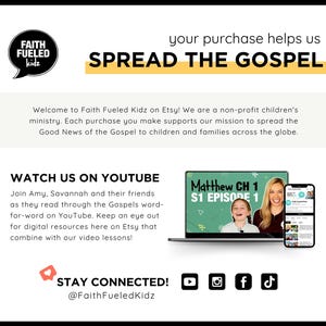 May include: A colourful graphic with the text "Faith Fueled Kidz" and the phrase "Spread the Gospel". The graphic also includes a laptop screen displaying a video lesson from the YouTube channel "Faith Fueled Kidz". The text "Matthew CH 1 S1 Episode 1" is visible on the laptop screen. The graphic also includes social media icons for YouTube, Instagram, Facebook, and TikTok.
