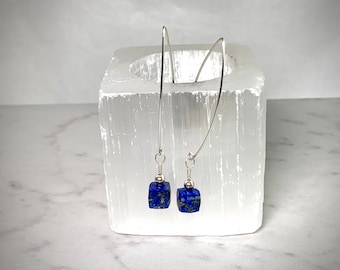 Lapis Dangle Earrings, Women’s Jewelry, Gemstone Jewelry,Women’s Earrings, Semi-Precious Stone Jewelry, Square Bead, Silver,Dangle Earrings,