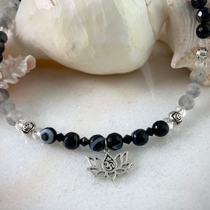 Black Agate Necklace with Ohm Pendant, Lotus Flower,Ohm Symbol, Om, Women&#39;s jewelry, Silver,Yoga, Meditation,Spiritual, jewelry,