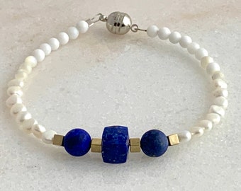 Lapis Bracelet, Freshwater Pearl, Beaded Bracelet, Women's Bracelet, Magnet Clasp, Lapis Lazuli, Women's Jewelry, Semi Precious Gemstone