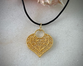 Gold Heart Necklace, Greek Leather Cord, Leather Necklace, Women's Necklace, Women's Jewelry, Layering chain, 14K gold plated, magnet clasp