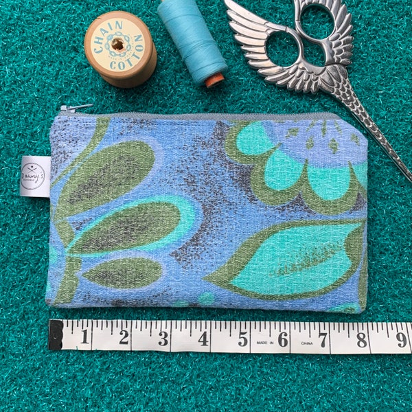 Bark cloth zip pouch, mid century vintage fabric makeup bag