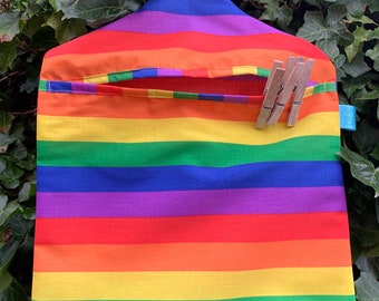 Rainbow peg bag, colourful pegbag, clothes pin bag, wooden hanger