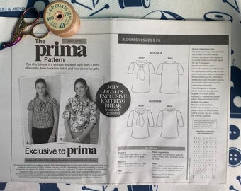 patrón superior, blusa con lazo, patrón de costura Prima, mayo de 2021, nuevo sin usar, talla 6 - 20 del Reino Unido
