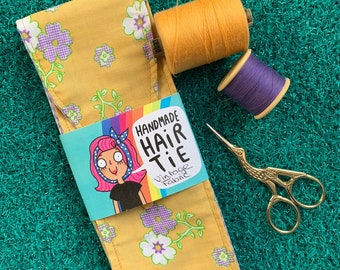 Yellow floral hairtie, genuine vintage fabric