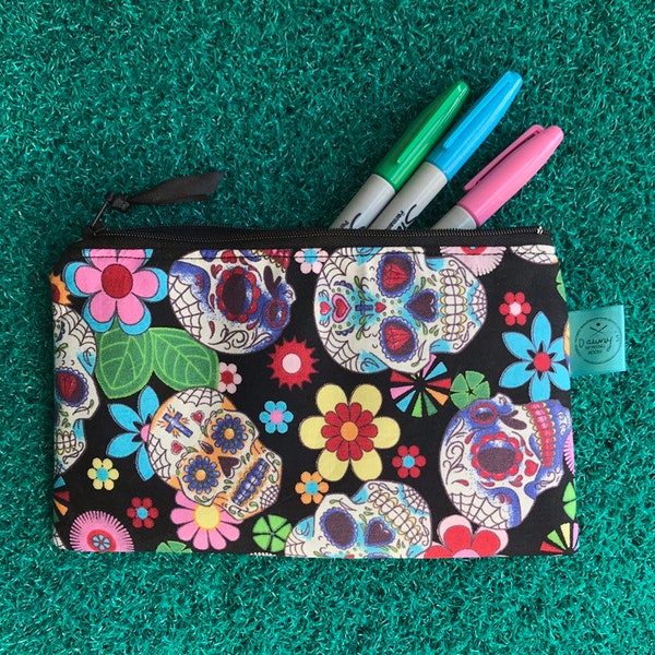 sugar skull zip pouch, skull print makeup bag, alternative pencil case,