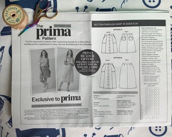 Patrón de falda abotonada, patrón de costura Prima, septiembre de 2022 nuevo sin usar, talla 6 - 24 del Reino Unido