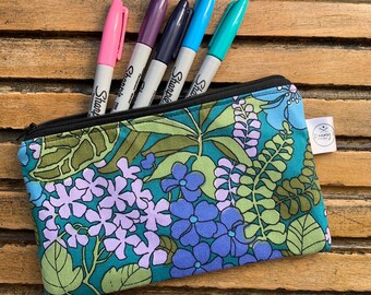 Vintage fabric zip pouch, teal makeup bag, chic pencil case,