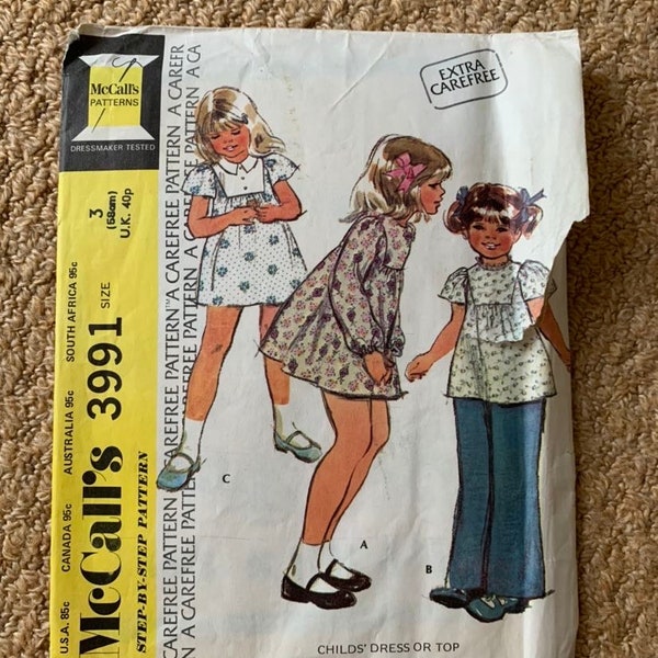 true vintage sewing pattern, 1970s childs dress and top