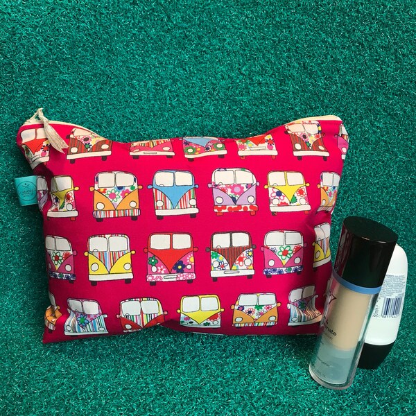 Campervan bolsa grande con cremallera, bolsa de aseo rosa, bolsa de maquillaje de colores, vw bus almacenamiento cosmético, adolescente, regalo de viaje, bolsa de lavado, organizado