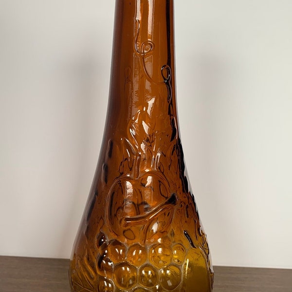 Vintage glass genie bottle, Dabs Portugal fruit vase, amber glass 1970s