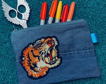 Tiger zip pouch, cute denim makeup bag