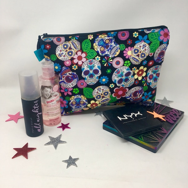 sugar skull large makeup bag, skull toiletry bag, alternative zip pouch, day of the dead, teen gift,