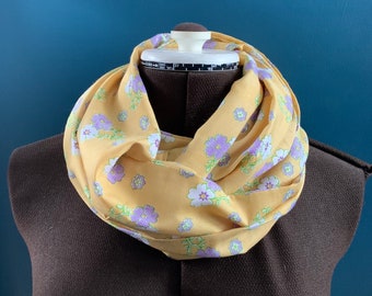 yellow flowers infinity scarf, true Vintage 1970s fabric, unique gift,