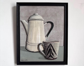 Enamel Coffee Pot & Pip Hartle Mug. Original painting. Acrylic on board. 22cm x 27cm