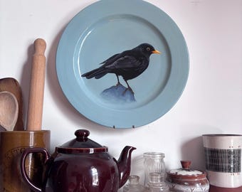 Black Bird. Painting on a Plate Collection. 30cm Diameter