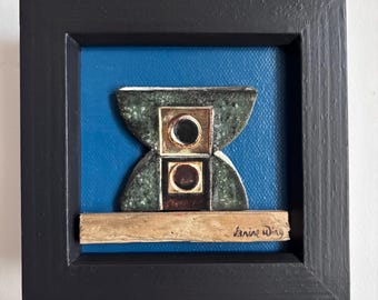 Mini Troika Pot on Driftwood Shelf. Original painting. Acrylic on board. 12cm x 12cm x 3.5cm