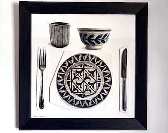 Knife & Fork. Original painting on  board. Framed 47cm x 47cm