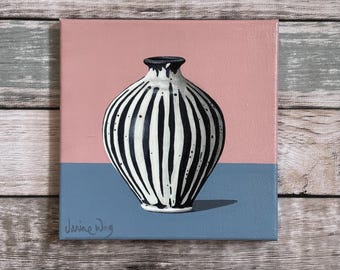Black & White Stripe Vase. Original painting on canvas 20cm x 20cm