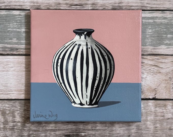 Black & White Stripe Vase. Original painting on canvas 20cm x 20cm