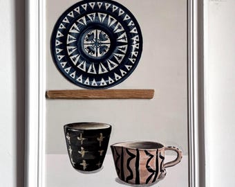 Plate, Jug & Nicola Gillis Cup. Original painting. Acrylic on board. 31cm x 42cm