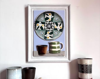 Still life Shelf with Jane Ormes plate, Gail Cooper cup and Cornishware jug. Original 3d painting on board. 34cm x 25.5cm