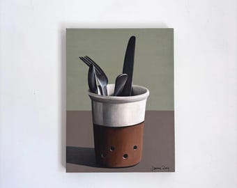 Cutlery & Terracotta Pot. Original painting on canvas 30cm x 40cm