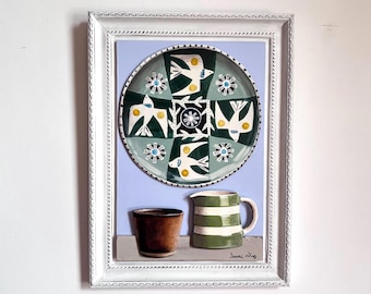 Still life Shelf with Jane Ormes plate, Gail Cooper cup and Cornishware jug. Original 3d painting on board. 34cm x 25.5cm