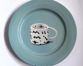 Black & White Mug. Painting on a Plate Collection. 31cm Diameter