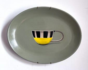 Yellow & Black Cup. Painting on a Plate Collection. 28cm x 22cm