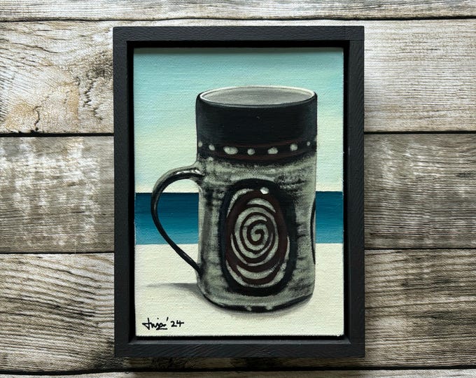 Briglin Pottery mug. Original painting. Acrylic on board. Framed 21cm x 16cm