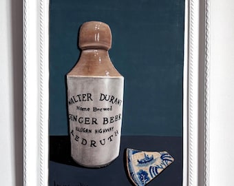Ginger Beer Bottle with Found Ceramic Shard. Original painting. Acrylic on board. 34cm x 25cm