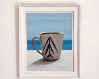 Pip Hartle Mug. Original painting on  board. Framed 24.5cm x 30cm