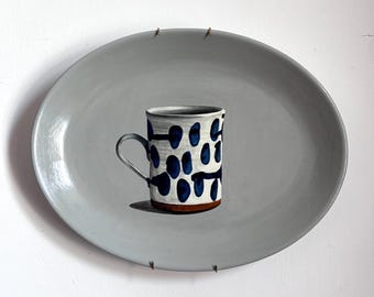 Indigo Blue Thumb Print Design. Painting on a Plate Collection. 28cm x 22cm