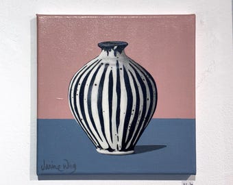 Black & White Stripe Vase. Original painting on canvas 20cm x 20cm